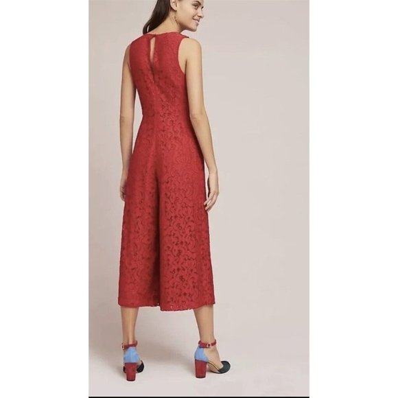 Anthropologie Red Lace Jumpsuit with Cropped Wide-Leg - Picture 4 of 14